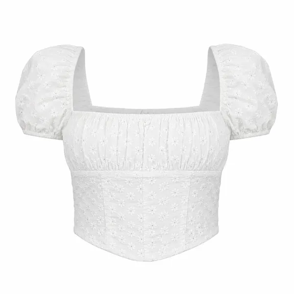 White Eyelet Embroidered Puff Sleeve Crop‎ Top Juniors M Cottagecore Coquette - Image 2