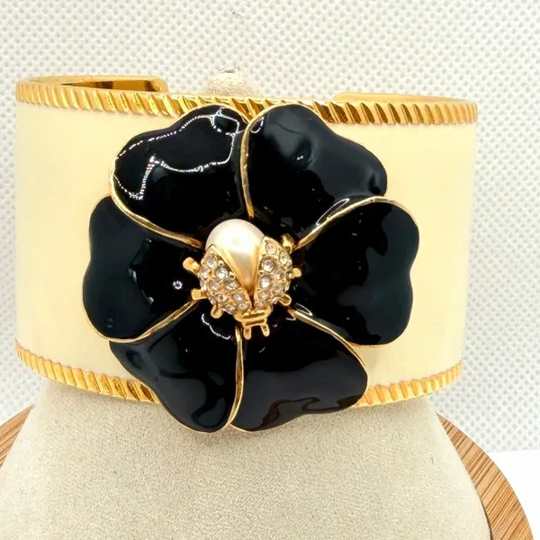 Stella & Dot Kelly Black Enamel Flower Ladybug Cuff Bracelet - Image 4