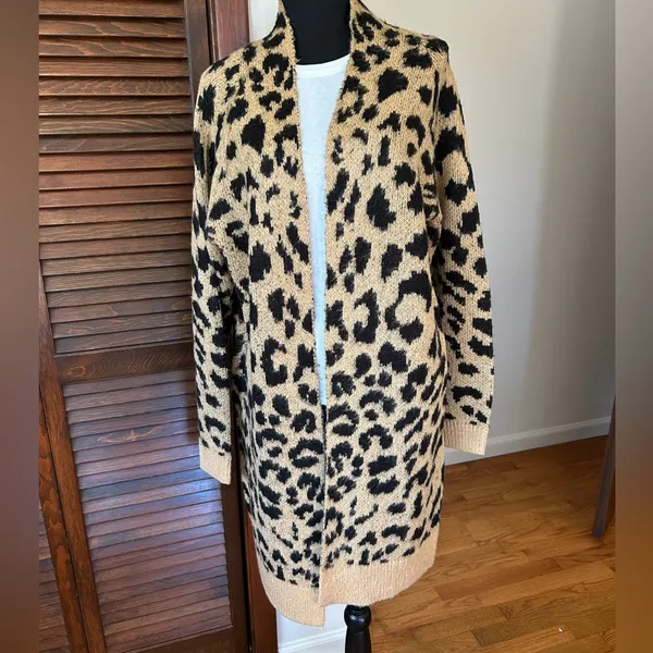 BP Black and Tan Animal Print Open Front Long Cardigan - Image 3