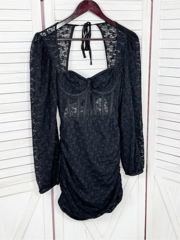 Edit‎ by Nine Lace Corset Top Ruched Mini Dress Black Medium Gothic Coquette Y2K - Image 9