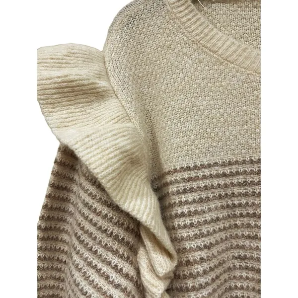 Lauren Conrad LC Sweater Women's XL Dizzy Striped Knit Ruffle Shoulder Cream - Image 3