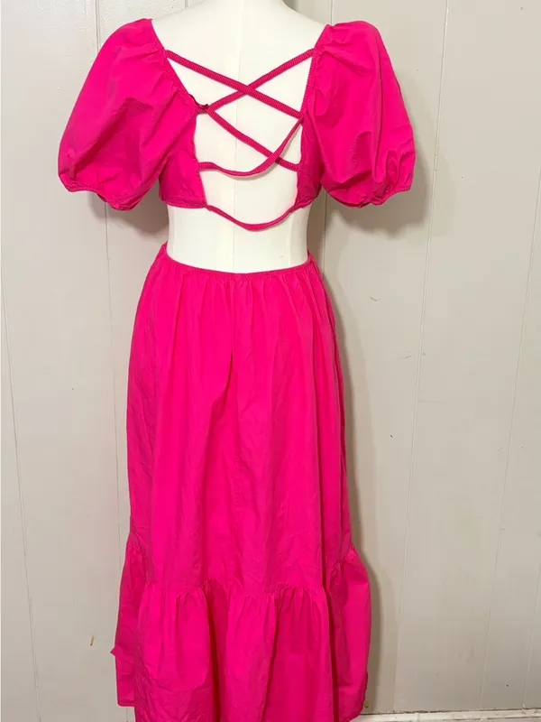 Zara Poplin Cut Out Puff Sleeve Midi Maxi Dress Fuchsia Pink Size M - Image 8