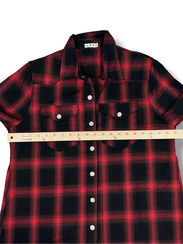 L&S‎ Plaid Snap Front Midi Duster Shirt Dress Shacket Red Black XL Western Boho - Image 10