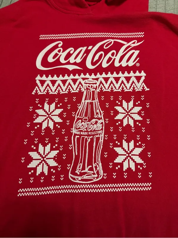 Coca-Cola Ugly Christmas Hoodie Snowflake Bottle Graphic Red Large Pullover - Image 3