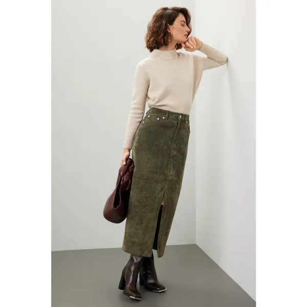 BlankNYC Hunter Green Retro Suede Leather Front Slit Pencil Midi Skirt Size 29 - Image 4