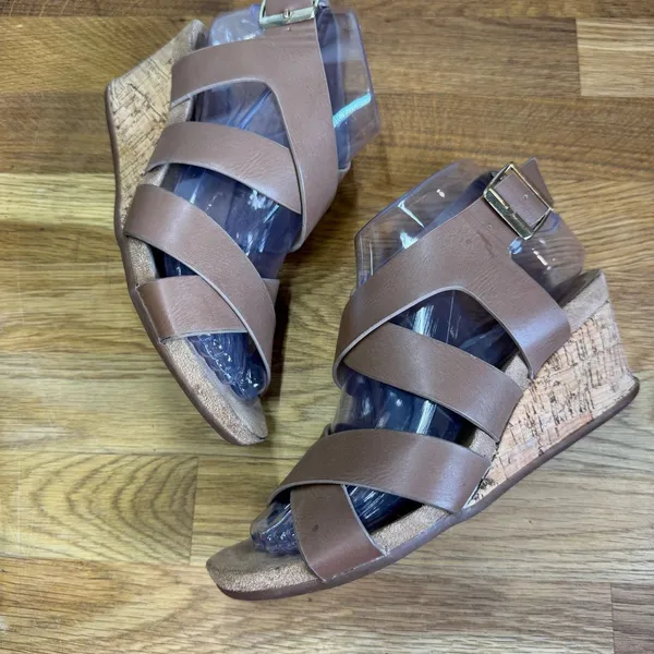 Diba Weekend Brown Strappy Cork Wedge Sandals Women's 6 Buckle Open Toe - Image 8