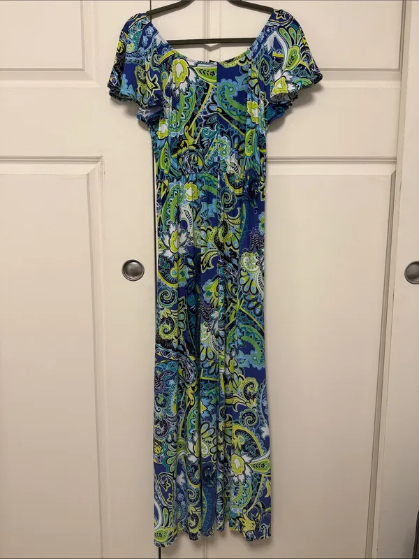 Attitudes by Renee Blue & Green Paisley Off-Shoulder Maxi - Image 9