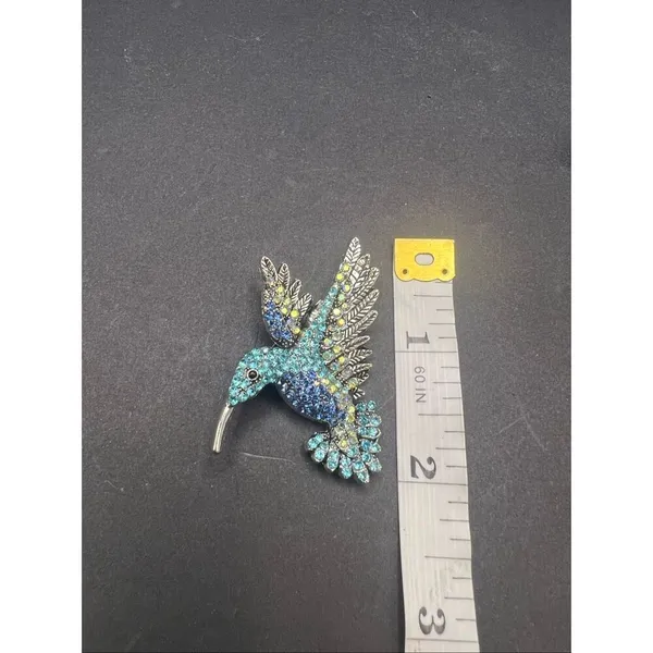 Blue Aqua Silver Tone Rhinestone Hummingbird Pin Brooch - Image 7