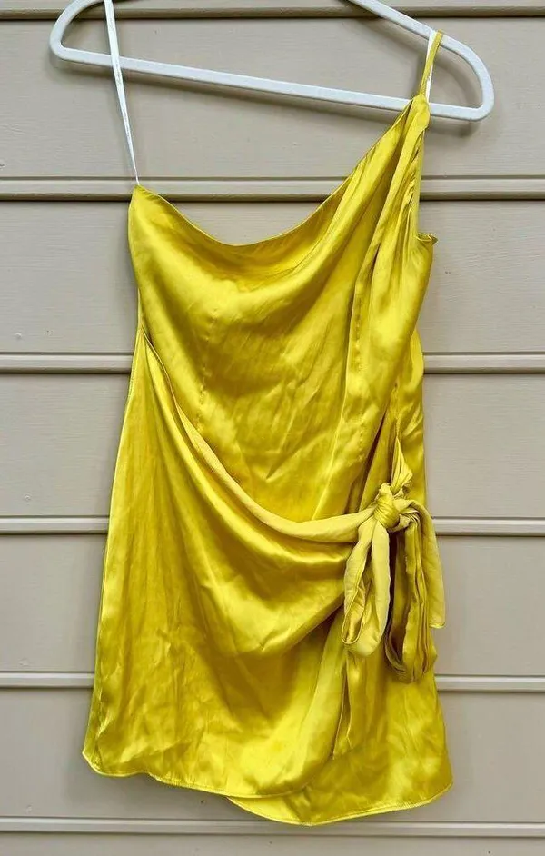 Lovers and Friends Karen Yellow One Shoulder Wrap Mini Dress Sz M - Image 2