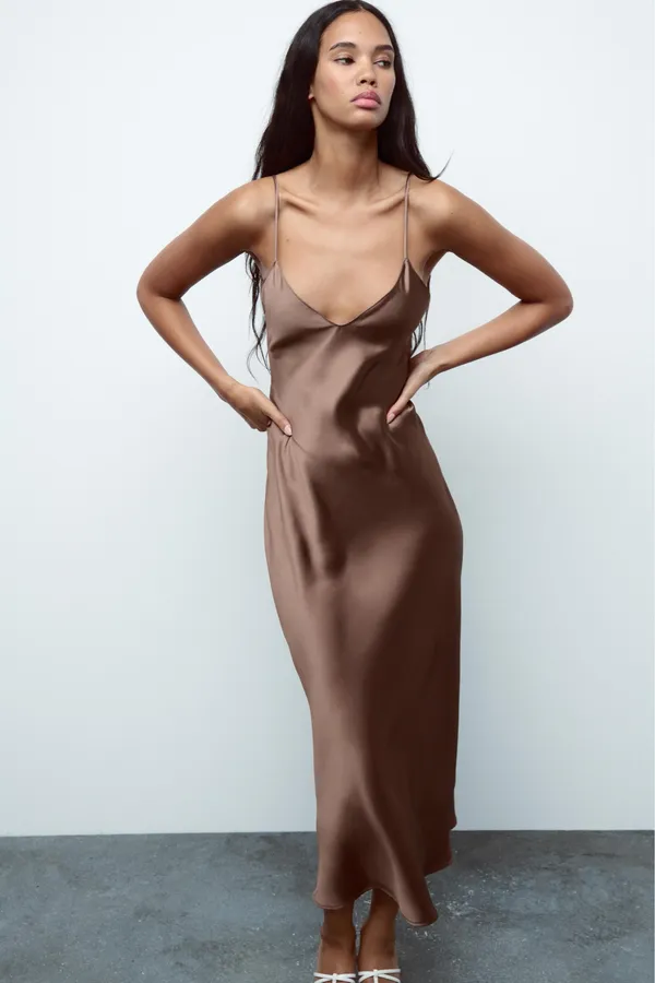 Zara dress midi maxi satin wedding lingerie chocolate brown party cocktail - Image 20
