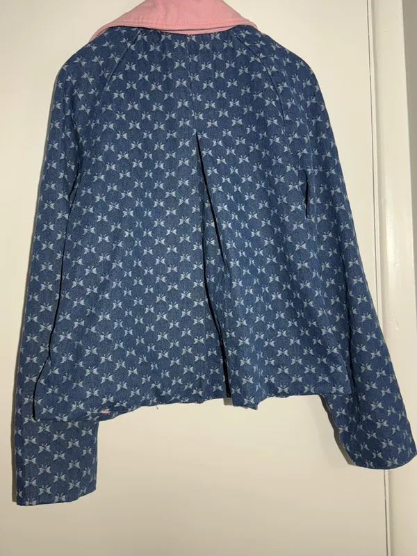 Anthropologie Dot & Lu Quilted Blue Floral Jacket Pink Collar Missing Zipper - Image 11