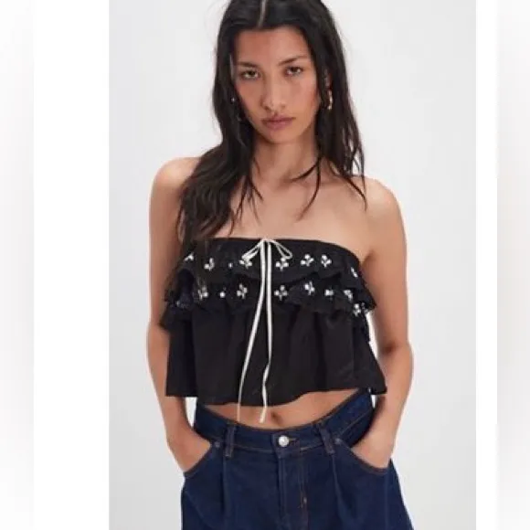 NWT free people Tailia embroidered tube top black ivory flowers sz medium - Image 2