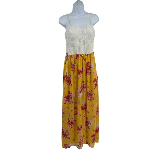 AUW Boho Floral Maxi Dress Sz L Bustier Coquette Cottage Floral Lace Chiffon - Image 2