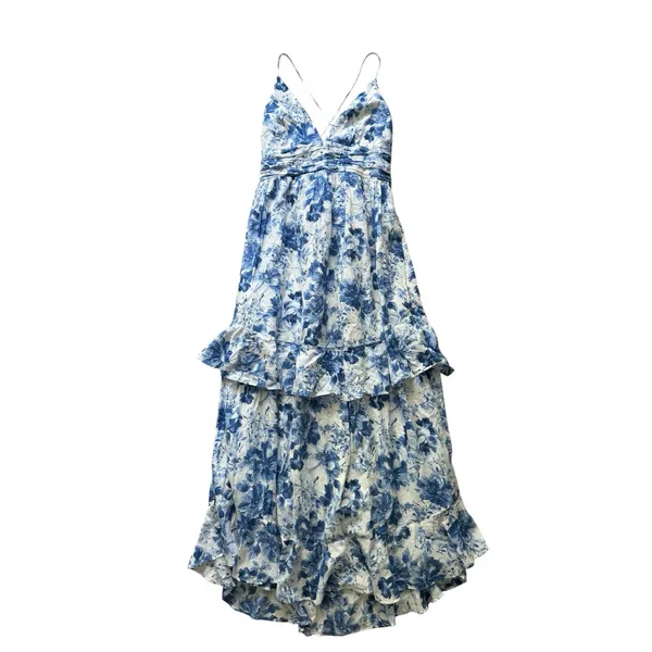 Abercrombie & Fitch Tiered Ruffle Maxi Dress Small White Blue Sundress Tie Back - Image 3