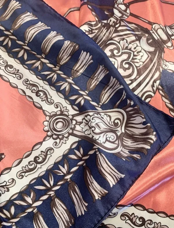 Vintage Large Antique Bells &Tassels blue/orange SQUARE SILKY SCARF 35/35 - Image 7