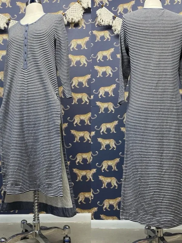 Anthropologie Postmark Navy Blue Striped High Slit Henley Tunic Top Midi Dress - Image 10