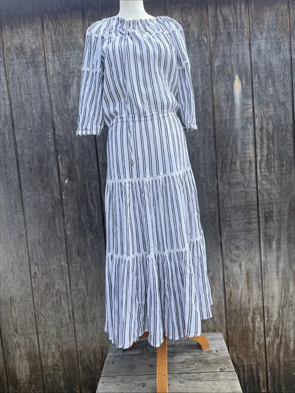 Lauren Ralph Lauren White Maxi Dress Black Stripes Ruffled Tiered Hem Sz 14 - Image 8