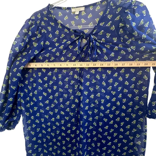 DLEIONE Sheer Bow Print Blouse‎ Blue Tie Neck Long Sleeve L Made in USA - Image 9