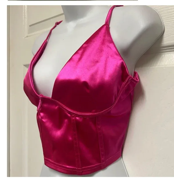 UNBRANDED Hot Pink Satin Corset Crop Top - Image 3