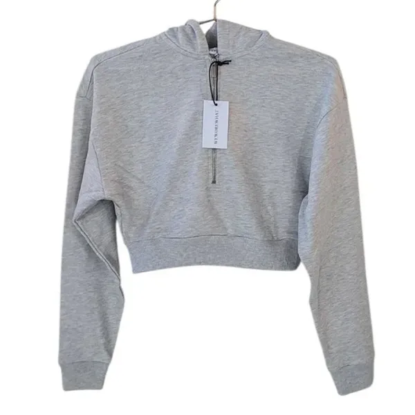 NWT WeWoreWhat Cropped Half Zip Fleece Cotton Hoodie Long Sleeve XS Heather Grey - Image 2