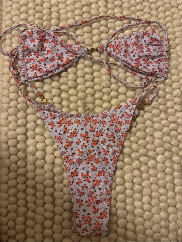 SHEIN White Triangle Bikini with Orange Floral Print - Image 2