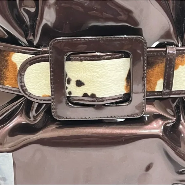 Beijo Copper Brown Faux Leather Bag with Cow Hair Belt Detail NWT - Image 9