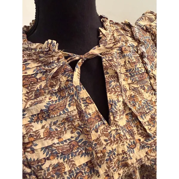 Farmers Market Boho Floral Paisley Pintuck Blouse Cotton Ruffle Sleeve Cottage - Image 3