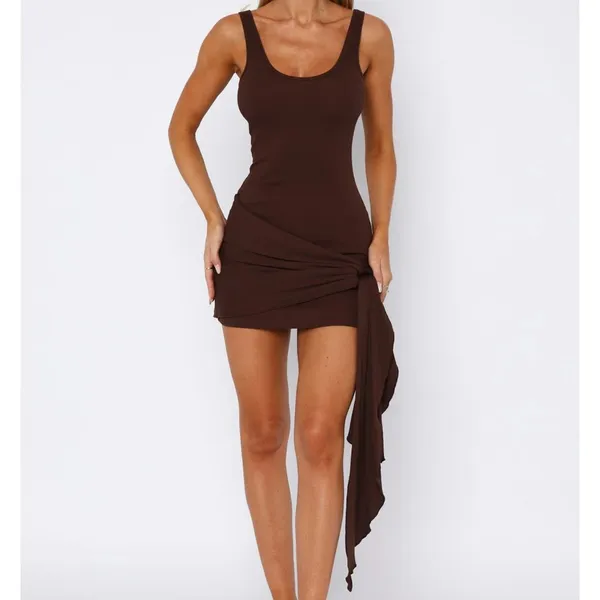 White Fox Boutique Brown Mini Tank Dress with Side Drape - Image 2