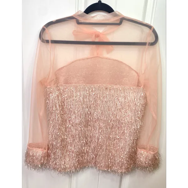 Blush Pink Contrast Mesh Tie Neck Shaggy Fringe Blouse - Image 8