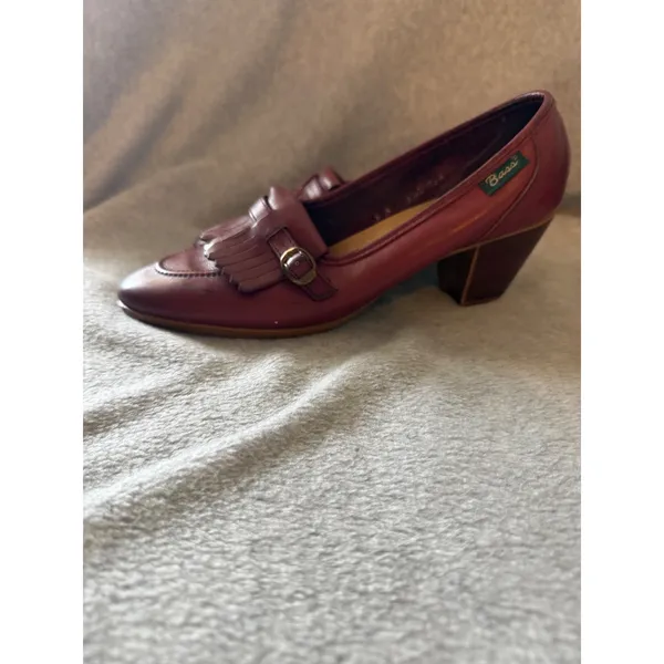 Bass Vintage Kiltie Loafer Pumps Womens 9 M Burgundy Leather Block Heel Fringe - Image 2