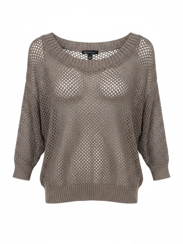 INC International Concepts Taupe Open-Knit Scoop Neck Sweater - Image 3