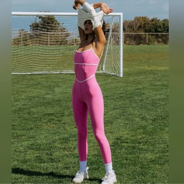 L*Space Ace Jumpsuit Pink Taffy & Cream Sporty Anthropologie Pilates Yoga Small - Image 4