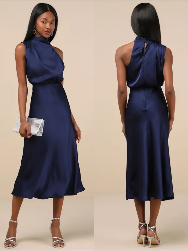 LULU’S Distinctive Charm Navy Satin Asymmetrical Midi Dress - Image 2