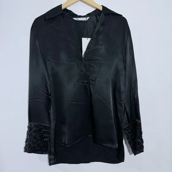 Zara Black Satin Blouse Embellished Jeweled Wide Cuffs Small Elegant Minimalist‎ - Image 2