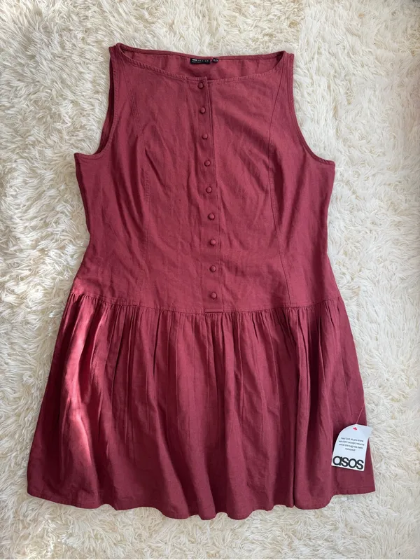 NWT ASOS Linen Blend Drop Waist Mini Dress Burgundy Size 10 - Image 2