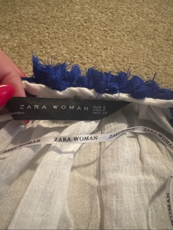 Zara Woman White Dress with Royal Blue Fringe Trim - Image 2