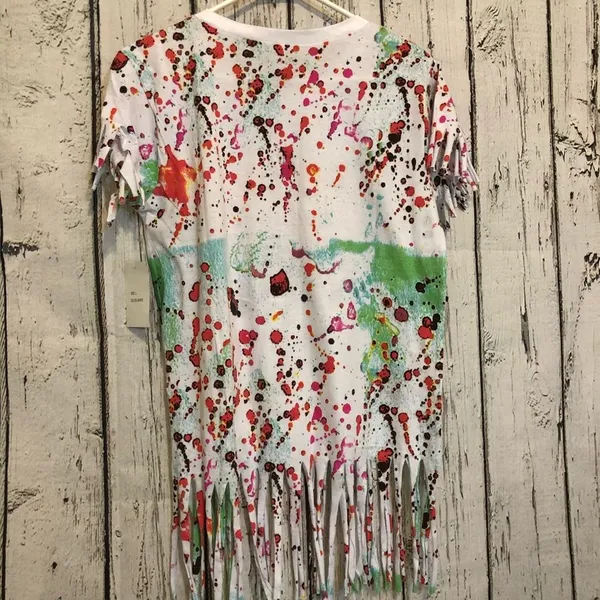 On Fire Red Lip multicolor Top with Fringe cut large statement style short sleeve shirt - Image 8