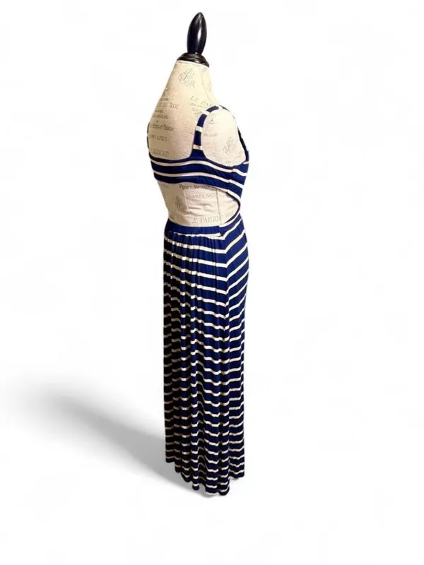 Vintage Havana Navy and White Striped Maxi Dress with Cutout Back - Image 3