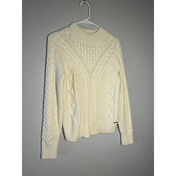 Abercrombie & Fitch Cream cable-knit mock neck sweater Sz S Preppy - Image 2
