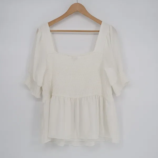 Nine West Babydoll Top Womens XL White Smocked Bodice Puff Sleeves Square Neck - Image 6