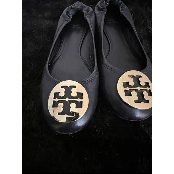 Tory Burch Reva Black Leather Ballet Flats Gold T Logo Classic Womens Size 7.5 - Image 3