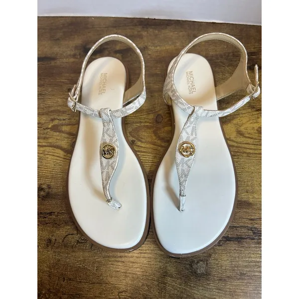 Michael Kors MK Logo Thong Sandals Womens Size 9M Ivory Gold T-Strap Buckle Shoe - Image 2