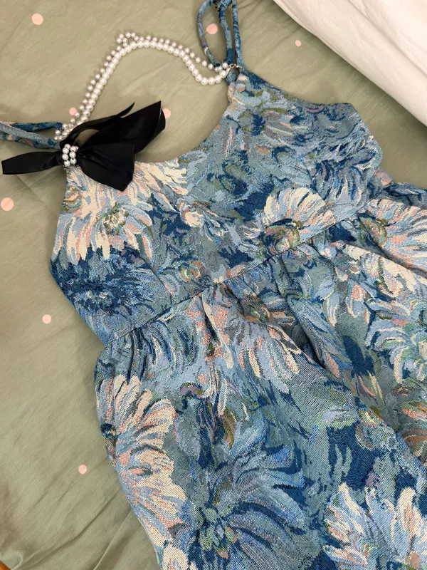 Blue White Floral Jacquard Mini Dress Square Neck Bow Pearl（only ONE‼️ BOW) - Image 9