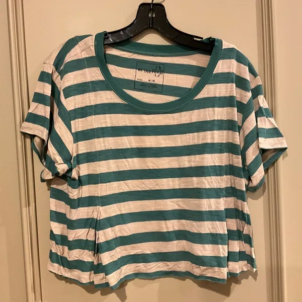 We the Free People Green Tan Striped Cropped Swing Top Tee Crewneck Size Medium - Image 2