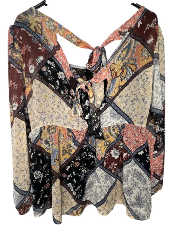 American Eagle Patchwork Floral Paisley Boho Long Sleeve Flowy Blouse - Image 4
