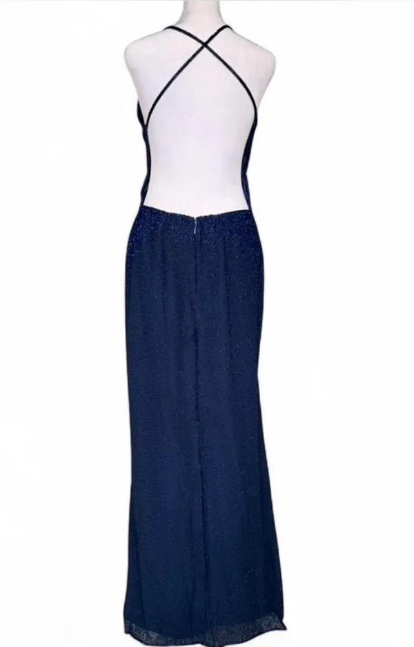 Scala Y2K Midnight Blue Silk Beaded Backless Halter Gown - Image 3