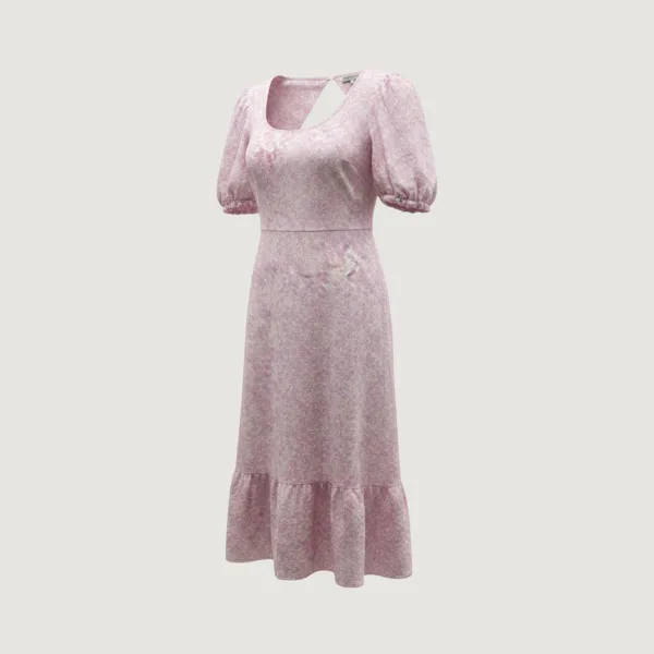 Who What Wear Lilac Floral Linen Blend Puff Sleeve‎ Open Back Midi Dress Medium - Image 2