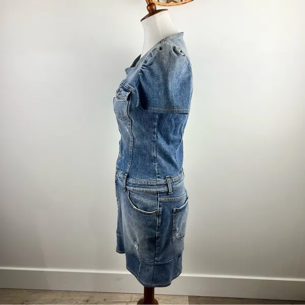 Retrofête Denim Sibi Mini Dress Puff Sleeve Square Neck Blue Wash Size M - Image 12
