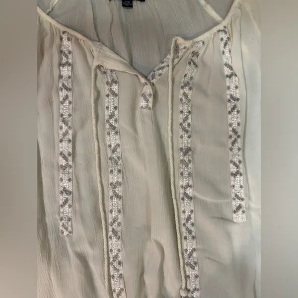 American Eagle Cream Long Puff Sleeve Blouse with Lace & Bead Detail M - Image 2