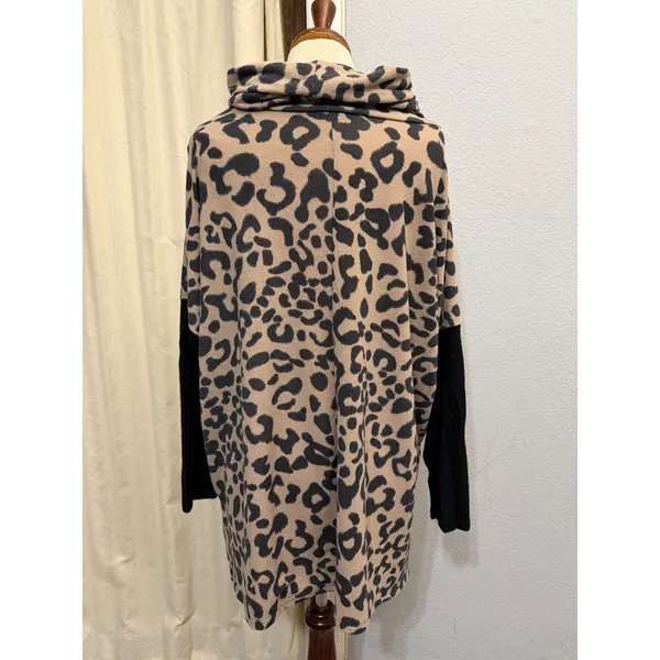Honeyme Curvy XL Tunic‎ Top Leopard Print Cowl Neck Black Colorblock Sleeve USA - Image 3